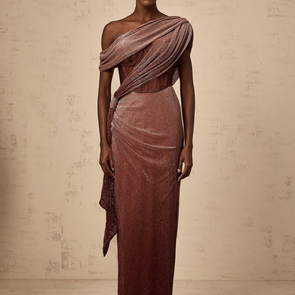 Cosima Brown Maxi Dress One Shoulder Bustier Sleeveless Asymmetric Metallic Effect Rear Slit Ribbon Detail Rear Zip Fastening Luxurious Terylene Fiber