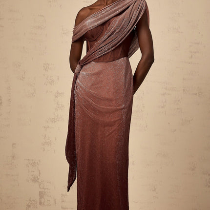 Cosima Brown One-Shoulder Maxi Dress with Metallic Effect and Rear Slit