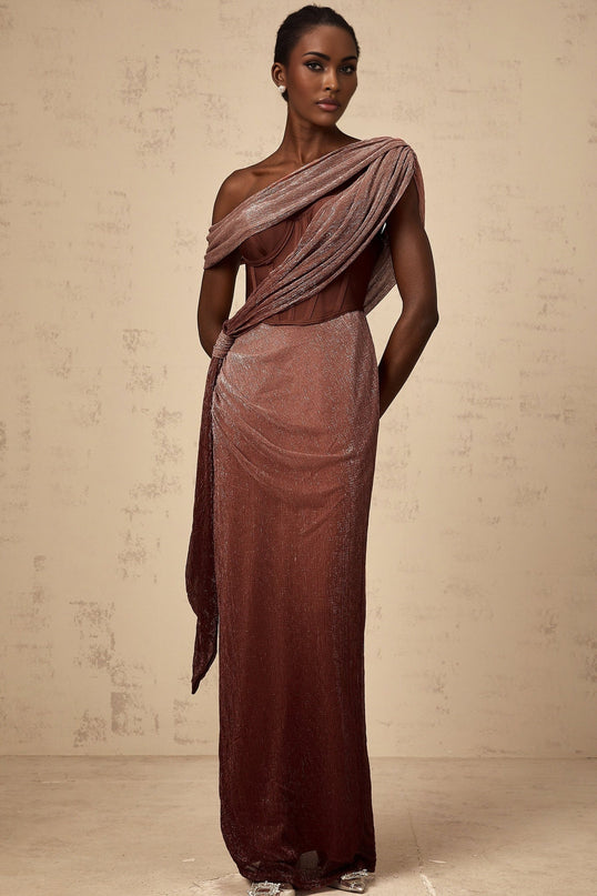 Cosima Brown One-Shoulder Maxi Dress with Metallic Effect and Rear Slit