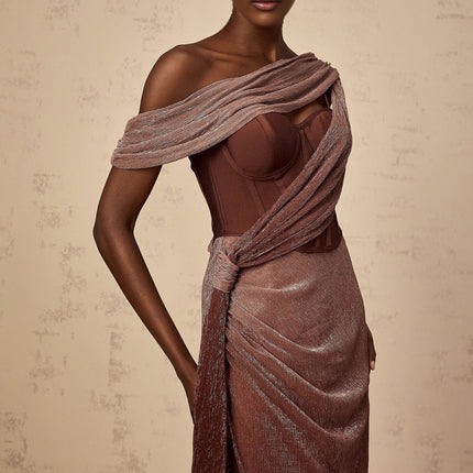 Cosima Brown One Shoulder Maxi Dress with Metallic Effect and Rear Slit