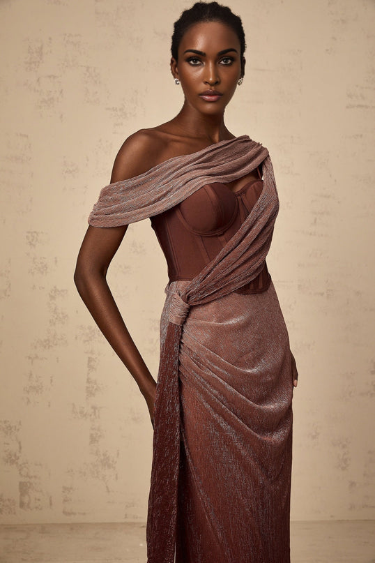 Cosima Brown One Shoulder Maxi Dress with Metallic Effect and Rear Slit