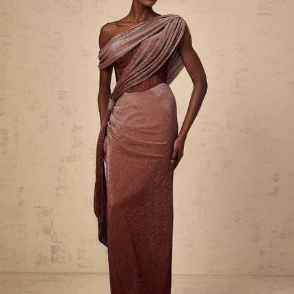 Cosima Brown One Shoulder Maxi Dress with Metallic Effect and Rear Slit