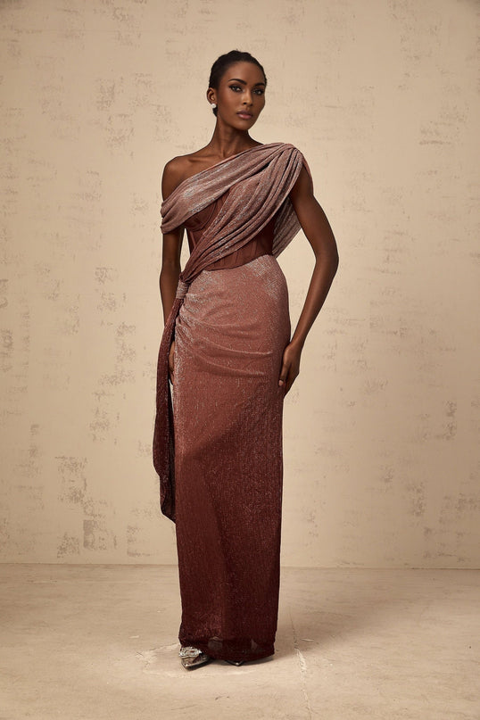 Cosima Brown One Shoulder Maxi Dress with Metallic Effect and Rear Slit