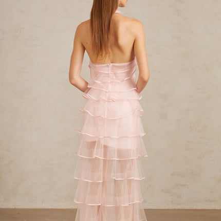 Cosima Maxi Dress in Pink tiered halterneck ruffled tulle sleeveless elegance rear zip 100% Nylon Polyamide fiber formal events special occasions sophistication luxury