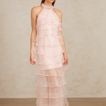 Cosima Maxi Dress in Pink tiered halterneck ruffled tulle sleeveless beauty halterneck design tiered silhouette rear zip 100% Nylon Polyamide fiber composition formal events special occasions stunning pink dress luxury length sophistication Cosima Maxi Dress