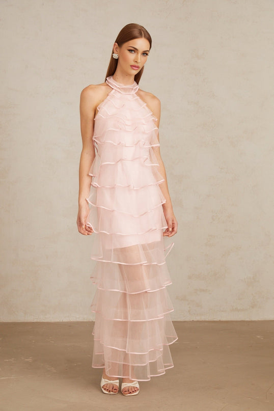 Cosima Maxi Dress in Pink tiered halterneck ruffled tulle sleeveless beauty halterneck design tiered silhouette rear zip 100% Nylon Polyamide fiber composition formal events special occasions stunning pink dress luxury length sophistication Cosima Maxi Dress