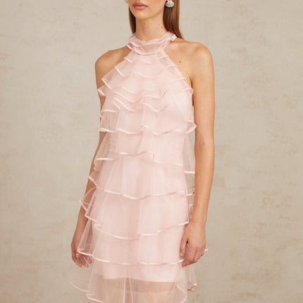 Cosima Maxi Dress in Pink tiered halterneck ruffled tulle sleeveless beauty elegant halterneck design tiered silhouette rear zip perfect fit luxurious 100% Nylon Polyamide fiber composition formal events special occasions stunning pink dress turn heads sophisticated epitome luxury Cosima Maxi Dress