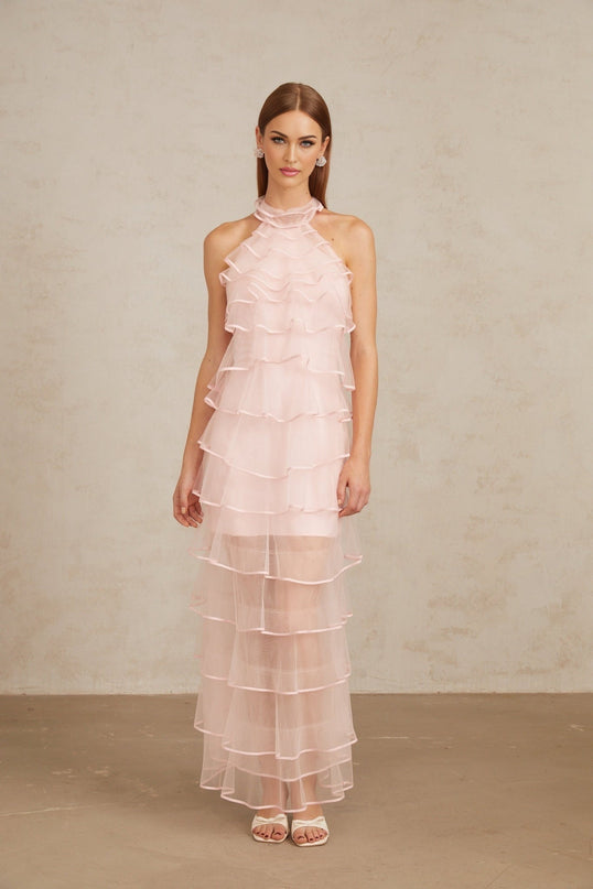 Cosima Maxi Dress in Pink tiered halterneck ruffled tulle sleeveless beauty 100% Nylon Polyamide fiber composition formal events special occasions stunning sophistication luxury