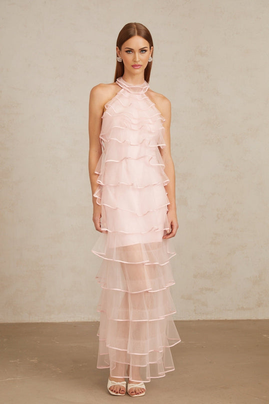 Cosima Maxi Dress in Pink tiered halterneck ruffled tulle sleeveless elegant halterneck tiered silhouette rear zip 100% Nylon Polyamide fiber formal events special occasions stunning length sophistication luxury