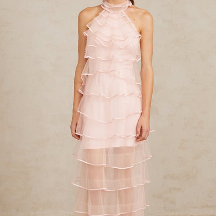 Cosima Pink Maxi Dress Tiered Halterneck Ruffled Tulle Sleeveless Elegant Nylon Polyamide Formal Special Occasions Sophistication Luxury