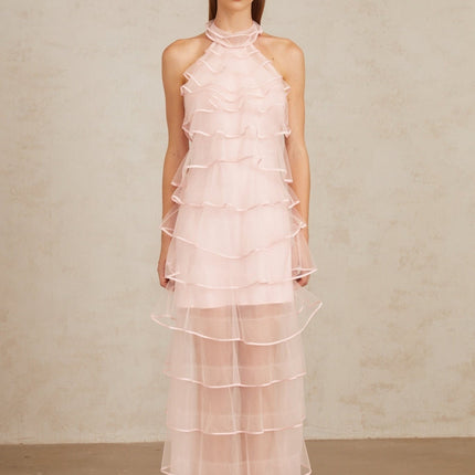 Cosima Pink Tiered Halterneck Maxi Dress in Pink