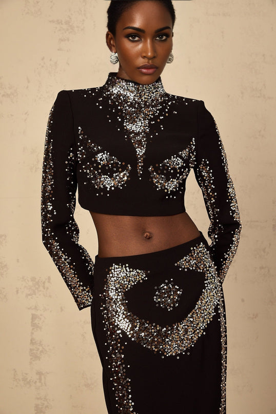 Costanza Black Sequin Top and Skirt Set