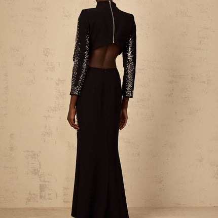 Costanza Black Top and Skirt Set with Sequin Embellishments and Train Design