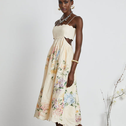 Costanza Neutrals Floral Cut-Out Linen Midi Dress