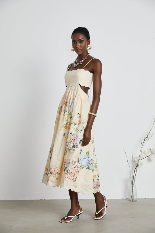 Costanza Neutrals Floral Cut-Out Linen Midi Dress