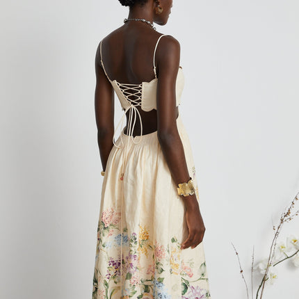 Costanza Neutrals Floral Cut-Out Linen Midi Dress