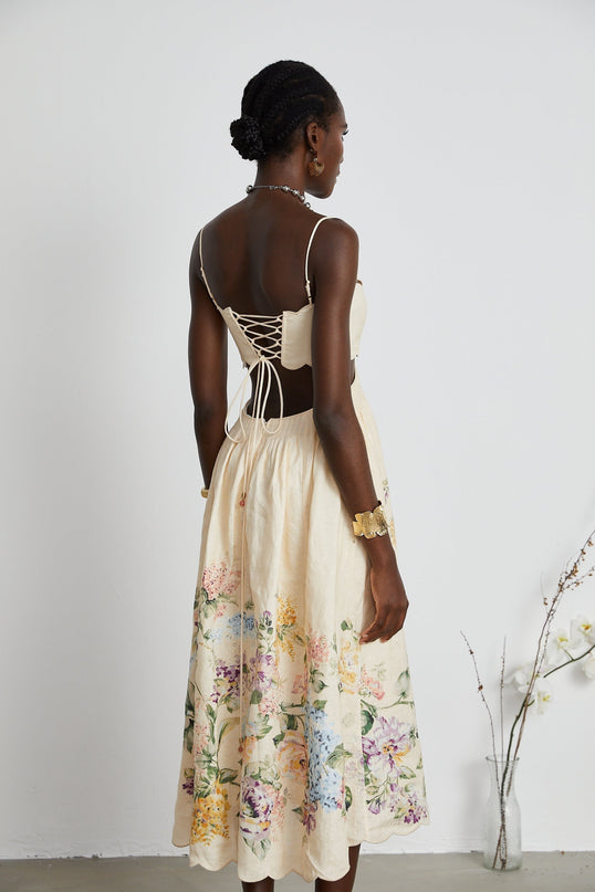 Costanza Neutrals Floral Cut-Out Linen Midi Dress