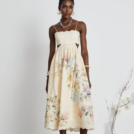 Costanza Neutrals Floral Cut-Out Linen Midi Dress Spaghetti Straps Sleeveless Chic Luxury Elegance Modern Woman Glamour