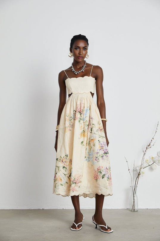 Costanza Neutrals Floral Cut-Out Linen Midi Dress Spaghetti Straps Sleeveless Chic Luxury Elegance Modern Woman Glamour