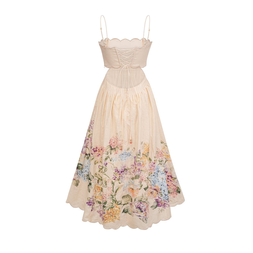 Costanza Neutrals Floral Linen Midi Dress with Cut-Out Design