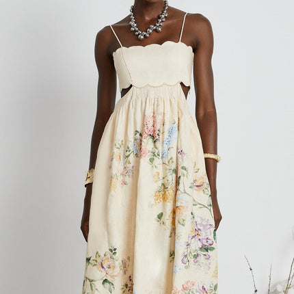 Costanza Neutrals Floral Linen Midi Dress