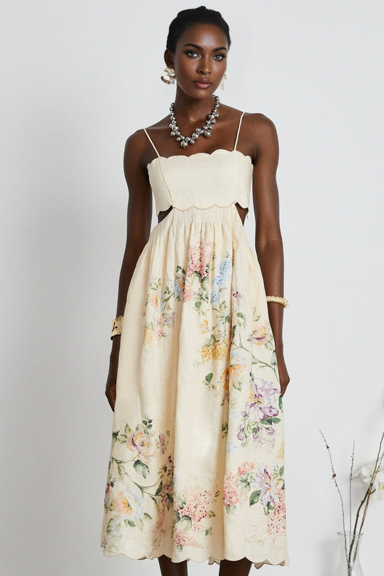 Costanza Neutrals Floral Linen Midi Dress