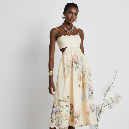 Costanza Neutrals Floral Linen Midi Dress