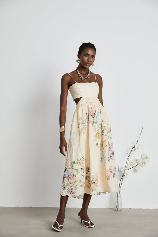 Costanza Neutrals Floral Linen Midi Dress