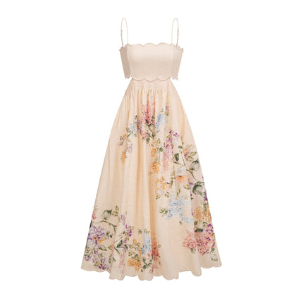 Costanza Neutrals Linen Floral Cut-Out Midi Dress