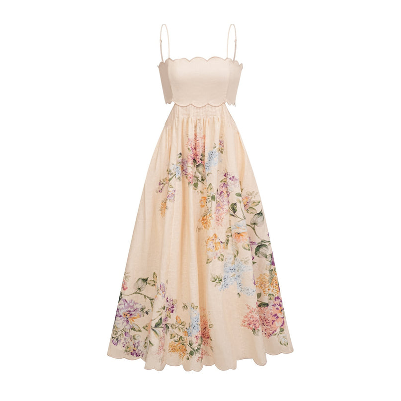 Costanza Neutrals Linen Floral Cut-Out Midi Dress