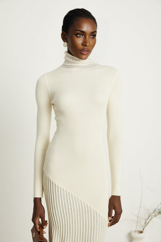 Costanza White Knitted Pleated Midi Dress