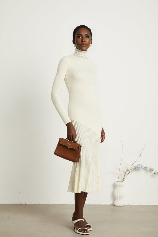Costanza White Knitted Pleated Midi Dress