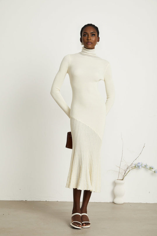 Costanza White Knitted Pleated Midi Dress