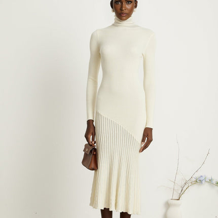 Costanza White Midi Dress with High Neck and Pleated Design