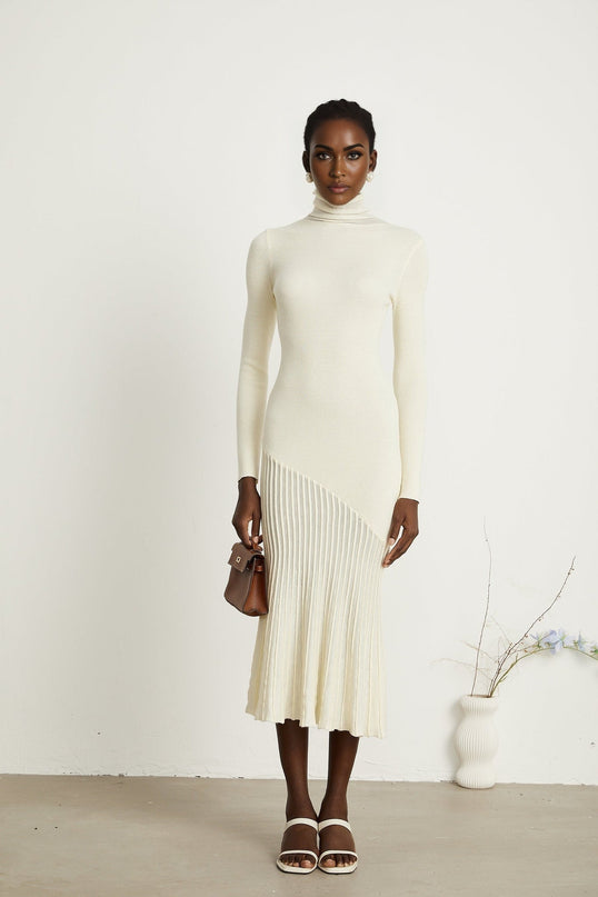 Costanza White Midi Dress with High Neck and Pleated Design