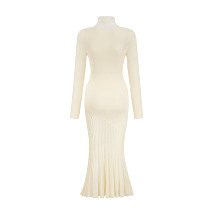 Costanza White Midi Dress with High-Neck and Long Sleeves Pleated Design Knitted Semi-Sheer Finish Modern Woman Composition Nylon PTT Acrylic Wool