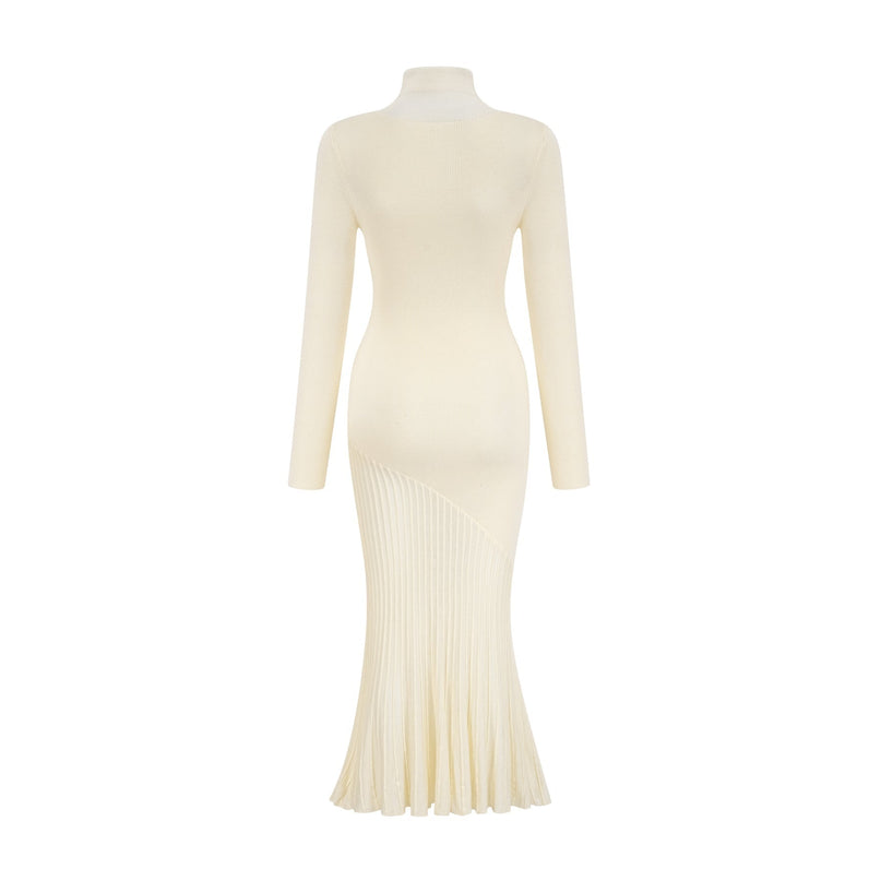 Costanza White Midi Dress with High-Neck and Long Sleeves Pleated Design Knitted Semi-Sheer Finish Modern Woman Composition Nylon PTT Acrylic Wool