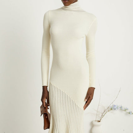 Costanza White Midi Dress with High Neck and Long Sleeves Pleated Design Knitted Semi-Sheer Finish
