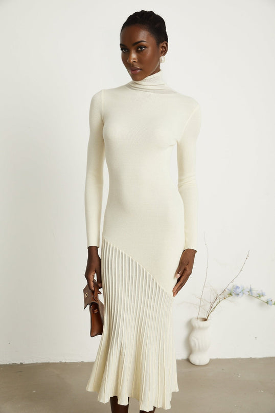 Costanza White Midi Dress with High Neck and Long Sleeves Pleated Design Knitted Semi-Sheer Finish