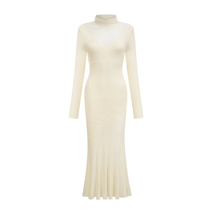 Costanza White Midi Dress with High-Neck and Pleated Design