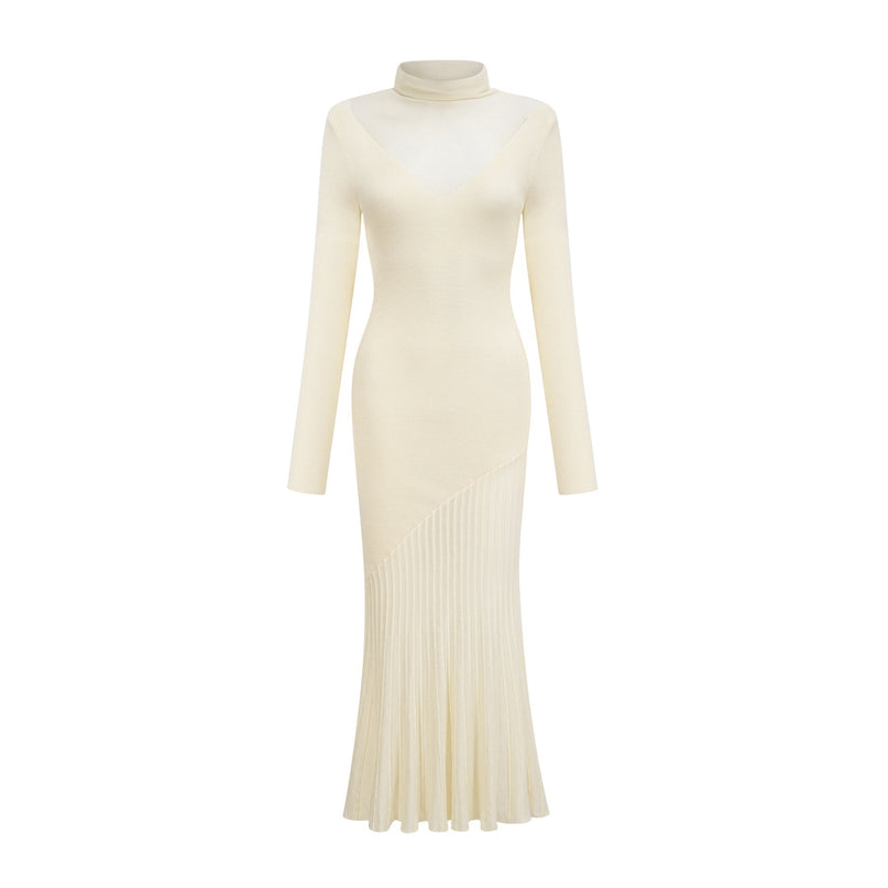 Costanza White Midi Dress with High-Neck and Pleated Design