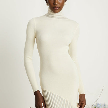 Costanza White Midi Dress with High Neck and Pleated Design