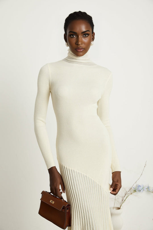 Costanza White Midi Dress with High Neck and Pleated Design