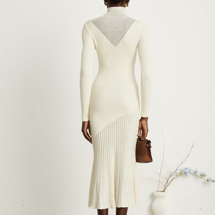 Costanza White Midi Dress with High-Neck and Long Sleeves Pleated Design