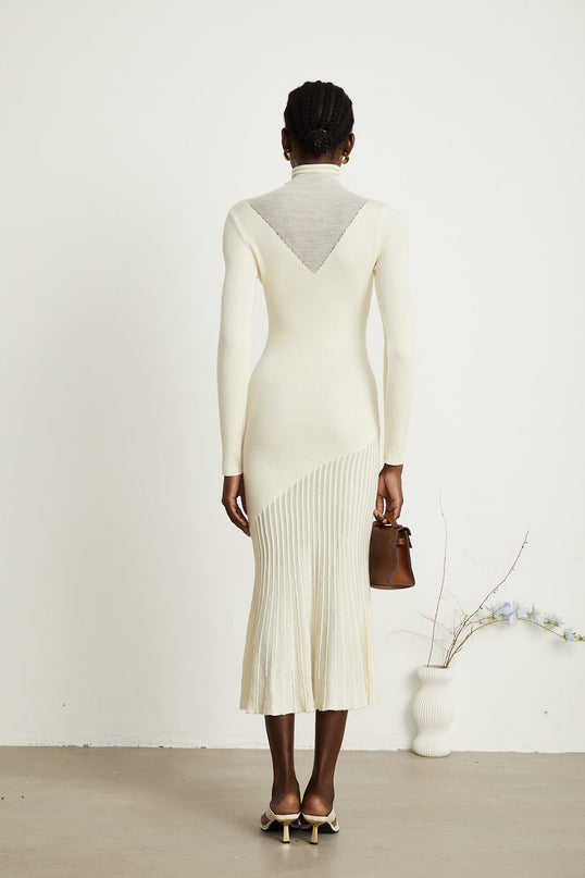 Costanza White Midi Dress with High-Neck and Long Sleeves Pleated Design