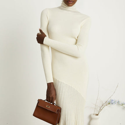 Costanza White Midi Dress with High-Neck and Long Sleeves Pleated Design Semi-Sheer Knitted Construction Nylon PTT Acrylic Wool Composition
