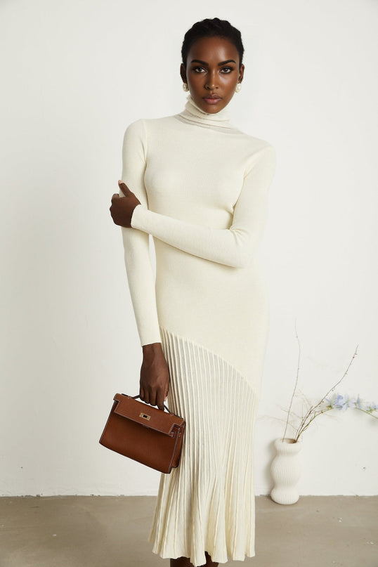Costanza White Midi Dress with High-Neck and Long Sleeves Pleated Design Semi-Sheer Knitted Construction Nylon PTT Acrylic Wool Composition