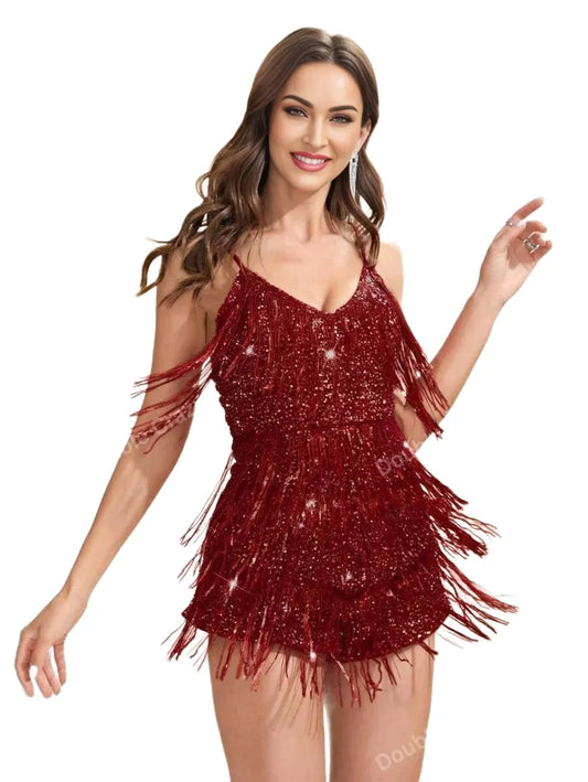 Crazy Womens Shiny Sequin Spaghetti Strap Tasseled Jumpsuit Summer Concert Outfit