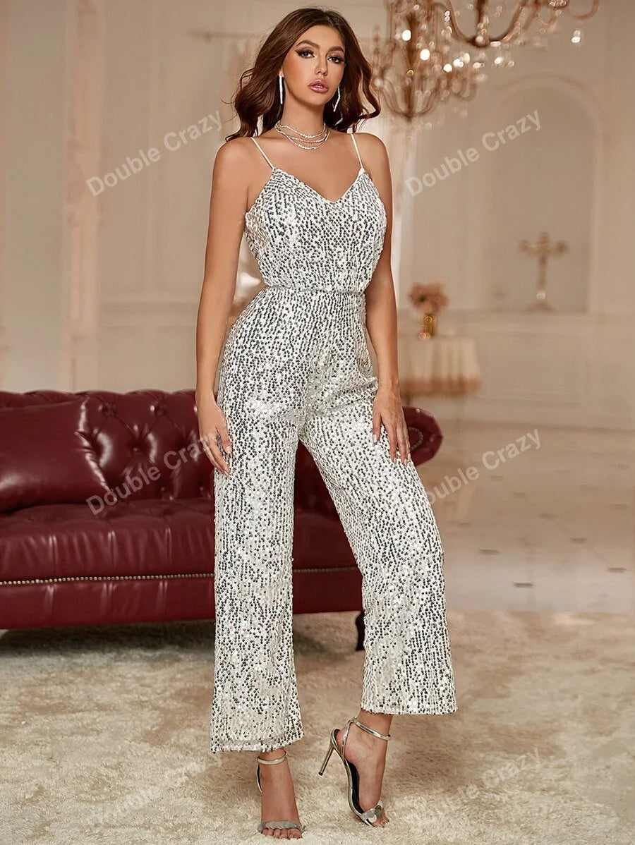 Crazy Womens Summer Sleeveless Sequin Glitter Jumpsuit Suitable For Concerts For Wedding Guest