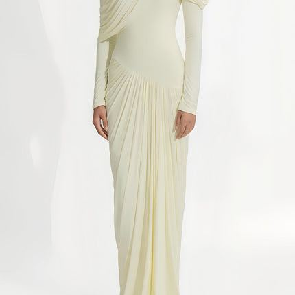 Cream and White Draped Asymmetrical Long Sleeve Dress